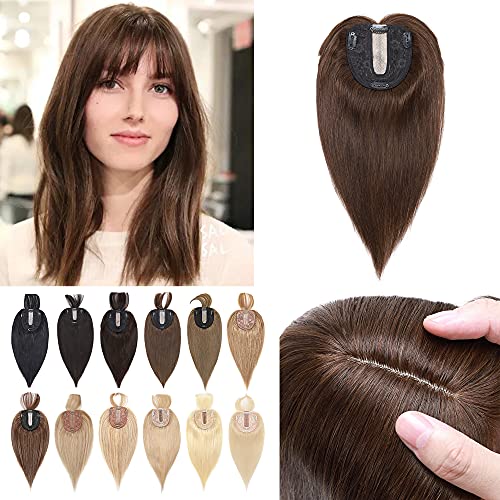 S-noilite 14Inch Silk Base Clip in Top Hair Pieces with Wispy Bangs 100% Real Human Hair Crown Topper Lace Hair Toppers For Women Hair Loss Thinning Hair Cover Gray Hair 45g #4 Medium Brown