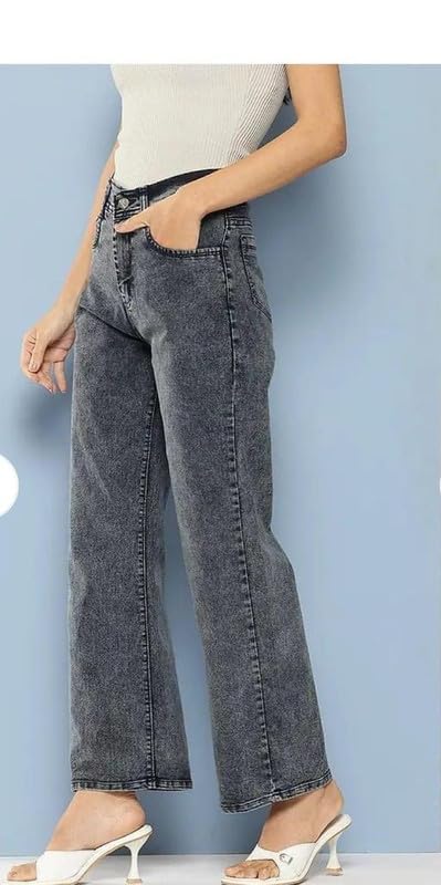 Image of Women Girls High Waist Straight Fit Cotton Jeans Single Button Comfortable Daily Outfit
