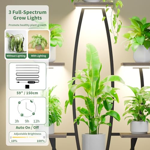 Image of Plant Stand Indoor with Grow Lights - 7 Tiered Corner Plant Shelf Indoor, 47 inch Tall Plant Stands for Indoor Plants Multiple, Metal Plant Rack Flower Holder for Living Room, Home Decor, Oak Grey