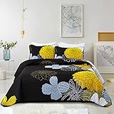 3 Pieces Yellow Floral Pattern Quilts King Size Coverlet Set - All Season Lightweight Black Bedspread with 2 Pillowcases - Soft Microfiber Reversible Bedding Quilt Set (Yellow/Black, 104'x90')