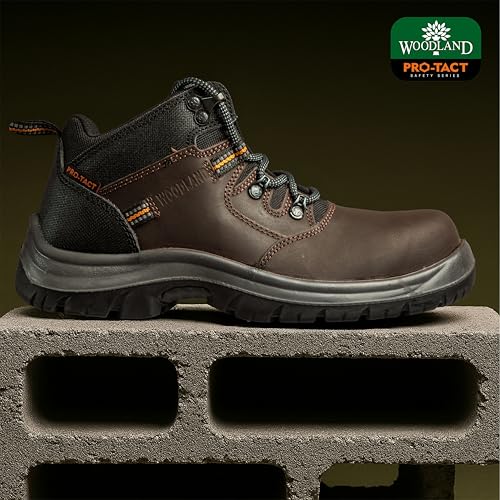 Image of Woodland Armour Crazy Horse Leather Safety Shoes for Men | Oil Resistant Safety Shoe with Anti Slip Grip | Lightweight, Antistatic PU Double Density with Composite Toe | Brown (7 UK, 41 EU)