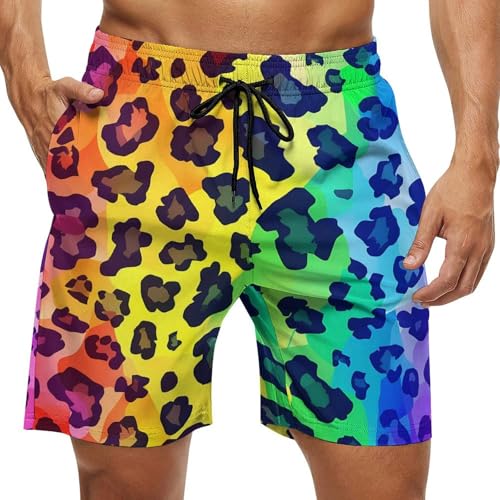 Rainbow Leopard Print Men's Swim Trunks Breathable Bathing Suit Swimming Board Shorts Hawaiian Beach Swimwear
