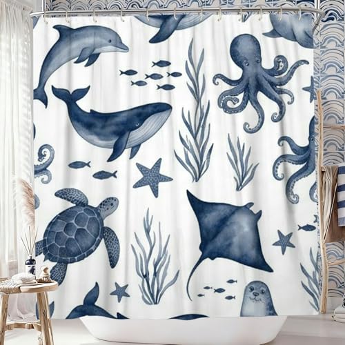 Rideau de douche anti éclaboussure en polyester motif baleine - 4