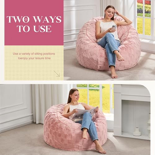 Image of Hobestluk Large Bean Bag Chairs 3FT Big Adults BeanBag Chairs Plaid Cover | Memory Foam,Washable Cover,Unique Fluffy Plaid,Comfy Adults Bean Bag with Filler Gaming Reading Bedroom Dorm Room | Pink 3FT