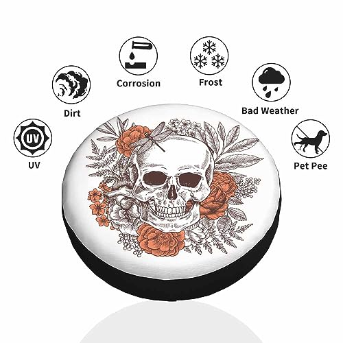 Image of Skull and Flowers Spare Tire Cover Dragonfly Tropical Plants Floral Peony Halloween Gothice Weatherproof Universal Wheel Protectors Camper Tire Covers for Trailer Rv Travel(17 inch)
