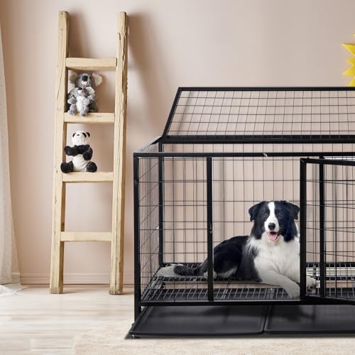 TactFire Hundekäfig hochbelastbar, Mobile Hundebox – 109x76x87 cm, 2 Türen, feststellbare Räder, herausnehmbares Tablett – Für Mittelgroße/Große Hunde – Schwarz
