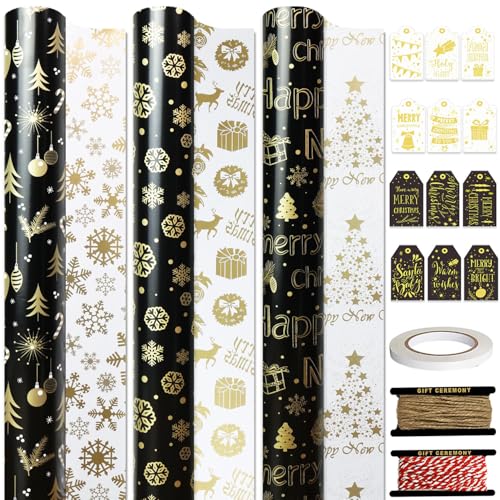 FullJoyHut 3 Rollen Wendbares Weihnachtsgeschenkpapier je 43cm x 5M - Goldenes Geschenkpapier Weihnachten Rollen Kraftpapier Weihnachtspapier mit Geschenkanhänger für Xmas Geschenkverpackung