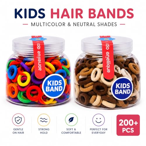 Image of Frescorr (200 pcs) Baby Hair Ties | Soft No-Damage Premium Elastic Mini Rubber Bands for girls | Strong Stretch Ponytail Holders | Daily Use Hair Accessories (Brown + Multicolor)