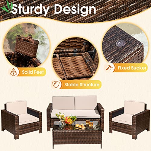 Image of Greesum 4 Pieces Patio Furniture Sets, Wicker Rattan Sofa Chair,Beige