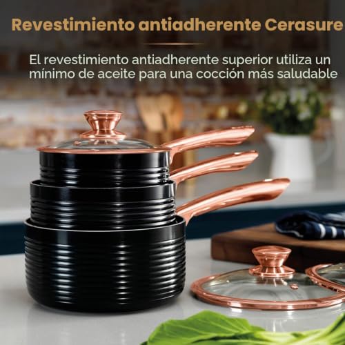 Miniatura 4 de Tower Rose Gold T800001rb Set De Ollas 3 X Ollas De Cocina De Diseño Linear Y Oro Rosa Ollas Para Inducción Con Superficie Antiadherente Juego De Ollas Con Tapa, 16, 18, 20cm Negro Y Oro Rosa