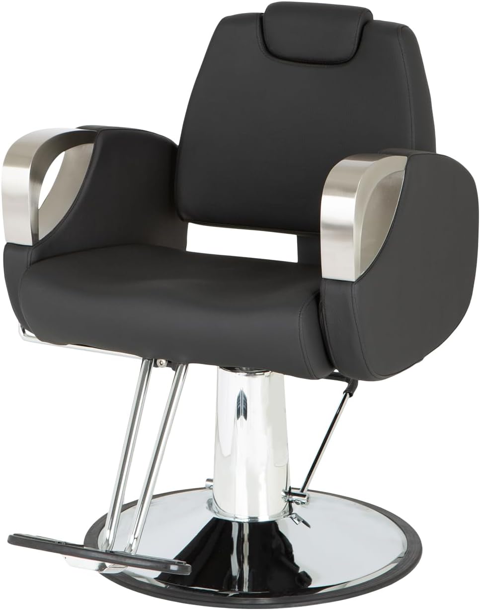 Buy-Rite Venus Silver All Purpose Reclining Salon Chair for Haircuts, Facials, Shampoo & Makeup | Black Vinyl, Silver Armrests, Hydraulic Base, Adjustable Headrest, YLG-375A-SILVER