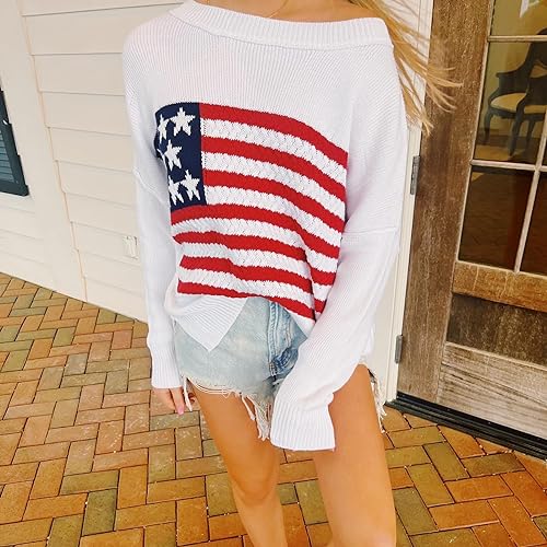 Image of KMBANGI Women American Flag Sweater Graphic Loose Vintage Long Sleeve Crewneck Knitted Jumper Top Patriotic Pullover