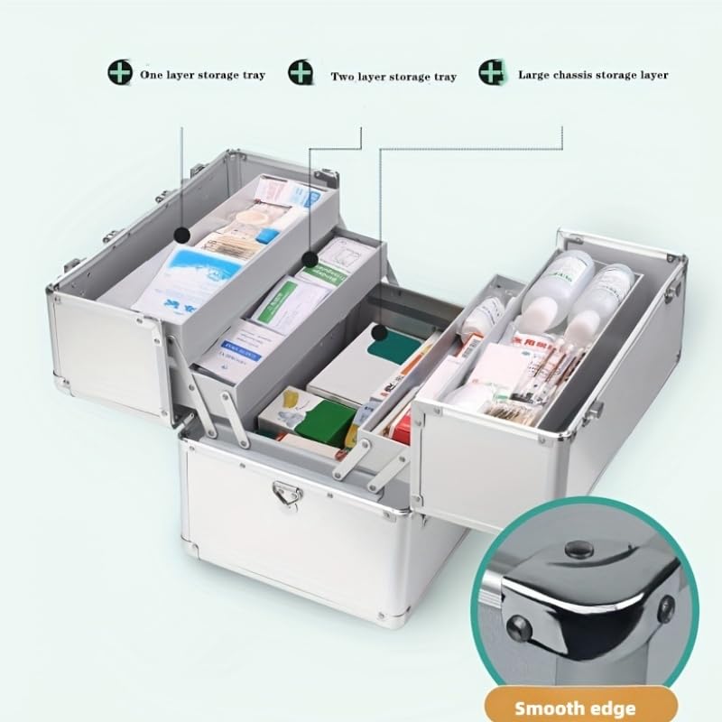 Image of First Aid Kit 3 Tier Portable Large Space with Security Lock Aluminum Alloy First Aid Box, Lockable with Handle and Shoulder Strap Empty Medicine Box Aluminum Medical Box