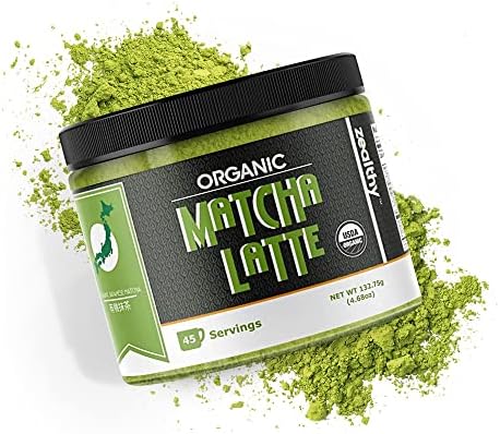 Zealthy Life - Organic Matcha Latte, Pure Japanese Tea Blend with Ashwagandha & Maca, Matcha Tea Powder with Natural Coconut Milk & Vanilla, No Added Sugar, 4.68 oz (45 Servings)