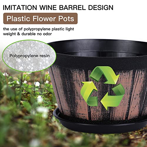 image for Quarut 8 inch Brown Plastic Whiskey Barrel Plant Pots Set of 4 with Dr