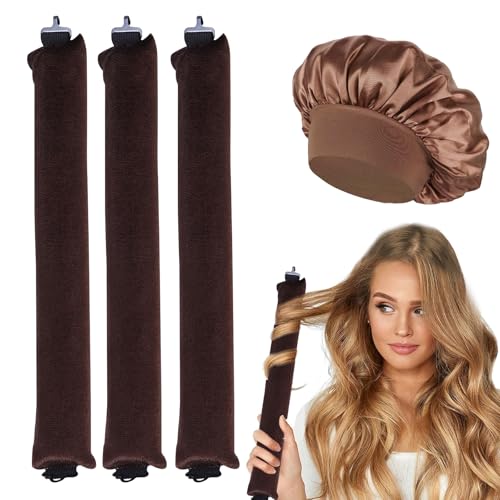3 Pcs Heatless Hair Curlers, Boucles Sans Chaleur, Boudin Cheveux Boucle Sans Chaleur, Boucles de Nuit avec Crochets, avec Bonnet Satin, pour Divers Types de Cheveux, Cheveux Longs et Courts