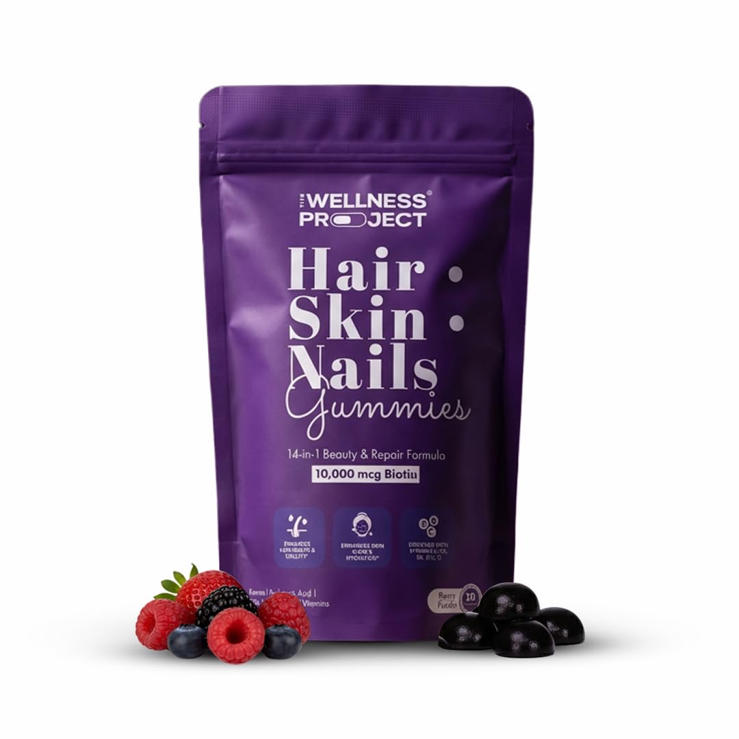 The Wellness Project 14-in-1 Hair, Skin & Nails Gummies with 10,000 mcg Biotin, Keratin, Hyaluronic & Folic Acid, Vitamins A, B5, B6 & B12 & Sea Buckthorn | for Women & Men | Tasty Mixed Berry Flavor 1 Month Pack