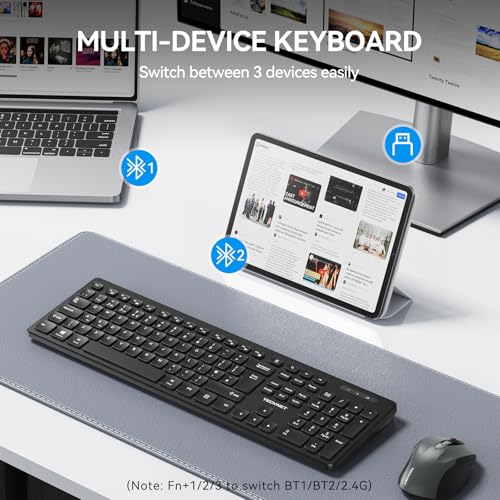 TECKNET Wireless Keyboard, 2.4G USB and Bluetooth Keyboard UK Layout, Full Size Ergonomic Keyboards for Office Home Laptop Computer Tablet Desktop with 105 Days Standby Time, Black - Image 3