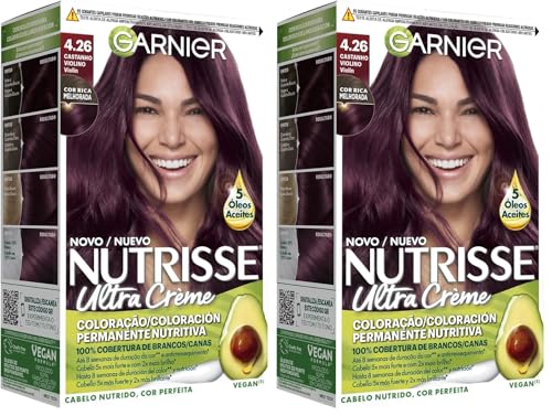 NUTRISSE Garnier Creme Coloración Nutritiva Permanente, Tinte 100% Cobertura de Canas con Mascarilla Nutritiva de 4 Aceites - Tono 4.26 Violín (Paquete de 2)