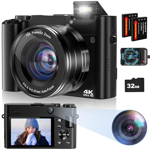 Digital Camera, 4K 64MP Digital Camera for Photography Vlogging Selfie Cameras with 32G Memory Card, 2.8 Screen, Anti-shake, Autofocus, Flash Light,16X Digital Zoom