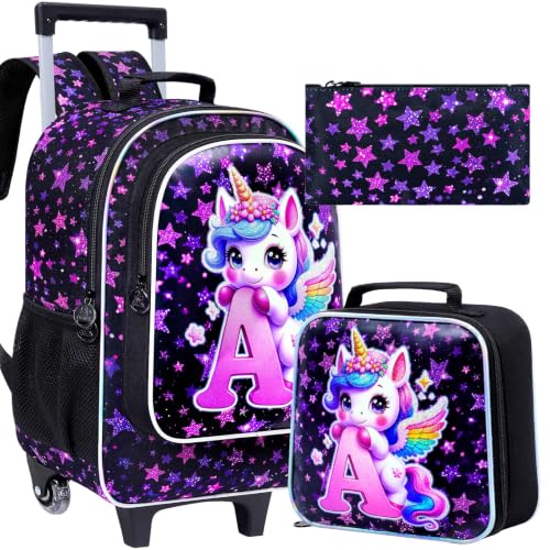 Image of CCJPX 18 inch Unicorn Rolling Backpack for Girls, 3Pcs Kids Wheeled Bookbag with Lunch Box, Lightweight Roller School Bag for Elementary Preschool (Black)