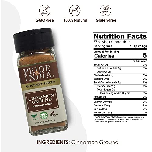 Pride Of India – Natural Cinnamon Ground – Pure & Fresh – Gourmet Spice – Perfect For Sweet & Savory Dishes – Gmo/Gluten Free - Easy To Use – 2 Oz. Small Dual Sifter Bottle #TOP1
