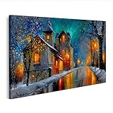 Impression sur toile de qualité supérieure. Motif : magnifique décoration murale d'un village nocturne de style vintage