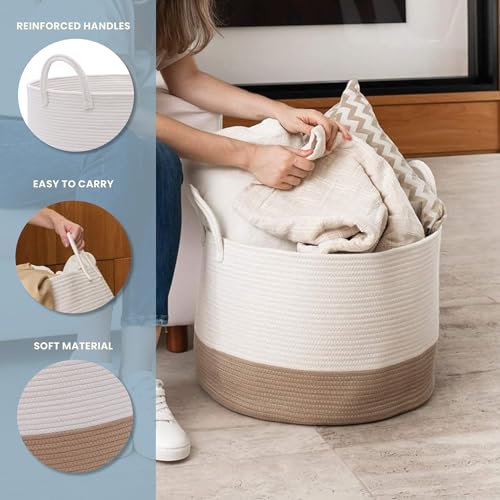 Image of OrganiHaus Round Toy Basket & Blanket Basket, Cotton Rope 20x13 inch | Honey / Off-White - Round Cotton Rope Basket, 20x13 inch