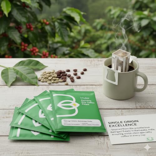 Image of bhuba Premium Portable Pour Over Drip Coffee Filters 60g | 100% Arabica Speciality Coffee Beans | Medium Roast | Tasting Notes - Lemon, Cherry and Chocolate (Pack of 5, 12g Each)