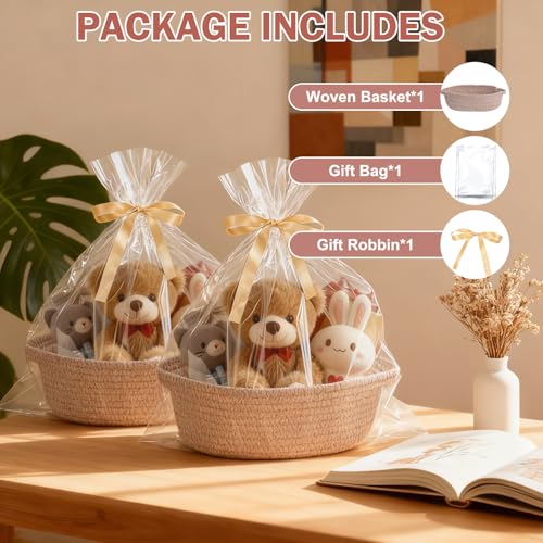Image of Small Basket with Gift Bags and Ribbons,Small Woven Basket Cute Oval Cotton Rope Gifts with Handle Empty Baby Wicker Storage for Baby Showers Pet Toy Bin (Brown, 2 Pack (12 inchx 8 inchx 3.74 inch))