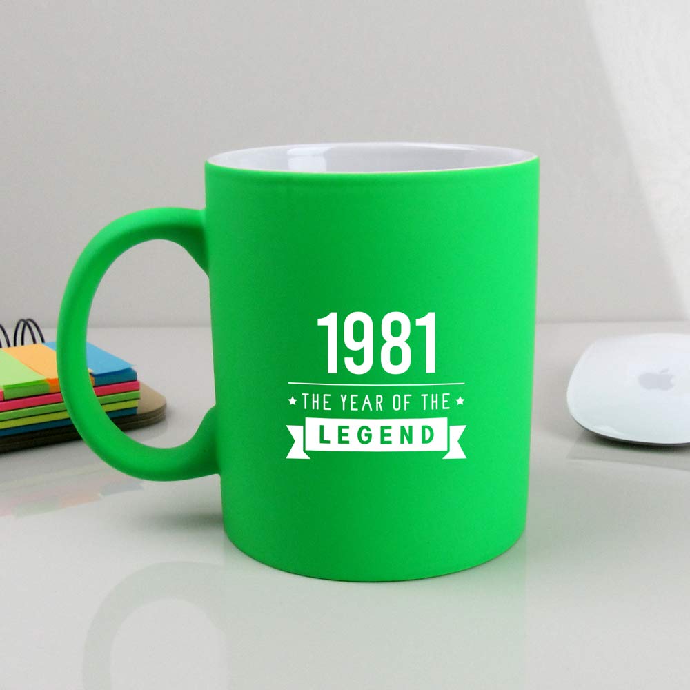 Gift for Dad Engraved Neon Green Coffee Mug "1981 Year of The Legend" Design, 40th Birthday, 310ml Tea Cup, Ceramic