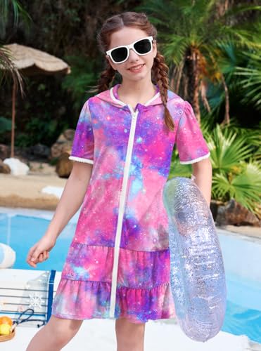 Image of BesserBay Girls Summer Beach Quick Dry Cover Up Ruffle Hem Terry Smocked Hooded 4-14 Years with Pockets