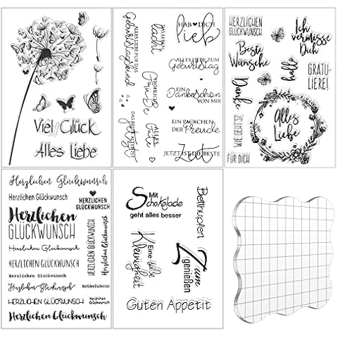 Silikonstempel Set, 5 Blätter Silikonstempel Sprüche Deutsch Clear Stamp Geburtstag Stempel Herzlichen Glückwunsch mit Acrylblock für Hochzeit DIY Bullet Journal Scrapbooking Fotoalbum (5 Stile) Cover