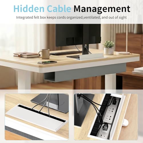 Image of Electric Standing Desk with Drawer & Wireless Charging, Height Adjustable Sit Stand Desk with USB Charging Station, Hidden Cable Management Tray, 48 inch Ergonomic Home Office Computer Desk, Light Wood