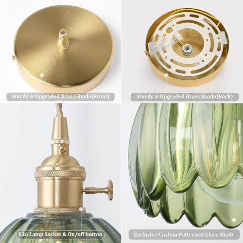 Image of Shenmoyl Pendant Light 2 Pack with Green Tulip Glass Lmapshade, Brass Vintage Pendant Light Adjustable Hanging Light for Kitchen Island Dining Room Hallway