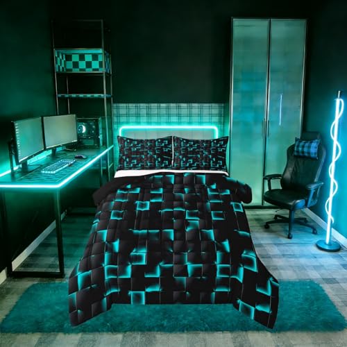Image of Erosebridal Neon Black Teal Boys Comforter Set Full Geometric Checkered Turquoise Bedding Set for Kids Teen Men Gaming Room Decor,Abstract Ombre Plaid Comforter Grids Quilt Duvet
