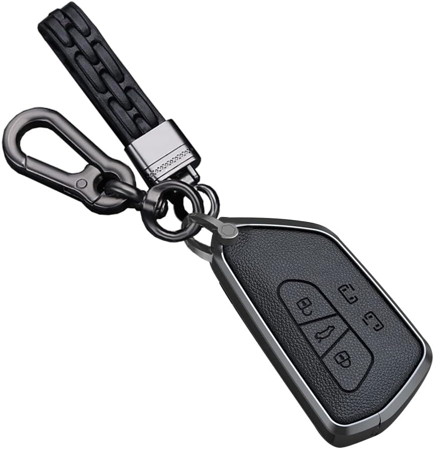 HIBEYO Metal Leather Key Fob Cover for Volkswagen VW MK8 Golf/GTI Skoda Octavia Car Accessories with Keychains Smart Auto Key Case Holder 5 Buttons Key-Black