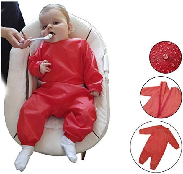 Baby Bib Overall with Arms and Legs | RED | 100% BPA Free | All in One Romper | Girls Boys | Full-Body Apron Sleeves Waterproof Washable Infant Baby Toddler Children | MIND CARE ESSENTIALS