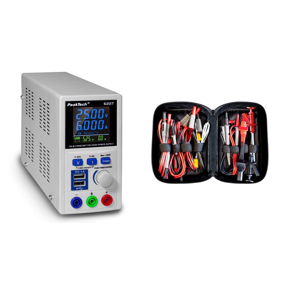 PeakTech P 6227 – DC Labor Netzteil 0-60 V / 0-6 A mit farbiger LCD Anzeige & Peak Tech P 8200 – Messzubehör Set für Digital Multimeter, Prüfkabel Set, batteriebetrieben - 14-teilig inkl. Tasche