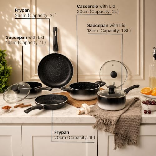 Image of Kreme Aura Granite Non Stick Cookware Set 10pcs | Aluminium Cookware Set | Fry Pan 20cm, 26cm, Sauce Pan 16cm, 18cm, Casserole Pot 20cm with 3 Glass Lid | Induction & Gas Compatible, Ivory | Kreme DELUXE Cookware Set 10pcs