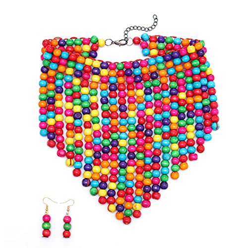 Barode Layered Statement Necklace Multicolor Bead Tassel Chunky Wood Beaded Bib Necklaces With Earings Long Multi Strand African Necklace Costume Jewelry For Women (Style 1) #TOP2