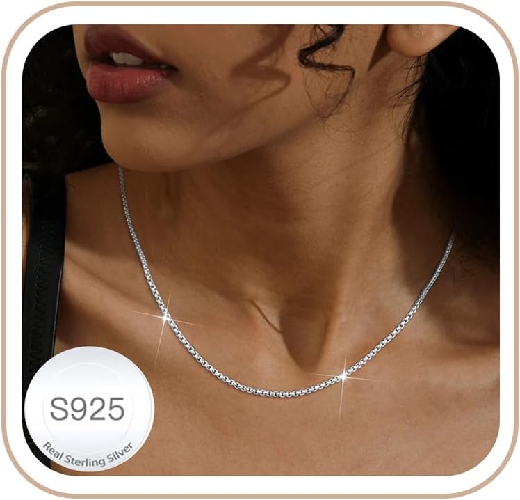 S925 Sterling Silver Box Chain Necklace for Women - 18K Gold Plated Thin Chain, 1.5/2mm Hypoallergenic Non Tarnish Sturdy Jewelry Birthday Valentine's Day Gift 16/18/20/22/24 Inch