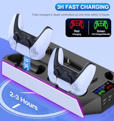 PS5/PS5 Slim Cooling Station with Controller Charging Station for PlayStation 5 Console Disc/Digital, PS 5 Cooling Stand Accessories with LED Light/Charger/Cooler Fan/3 USB Hubs/Headset Holder/Screw — view 4