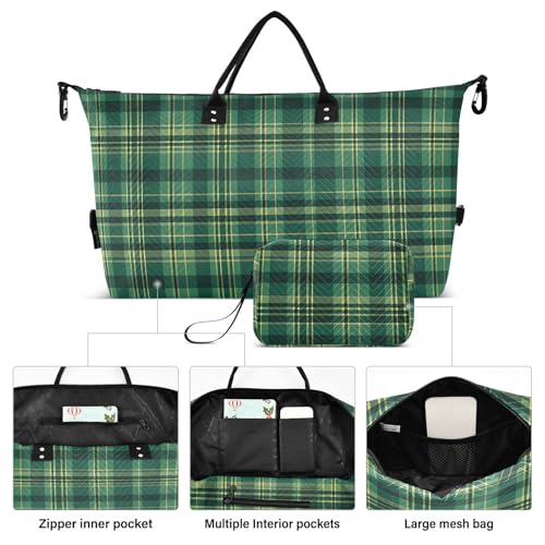 Large Travel Duffel Bag Sports Tote Gym Bag Overnight Weekender Bags Check Plaid Green 2 Carry On Luggage with Toiletry Bags2