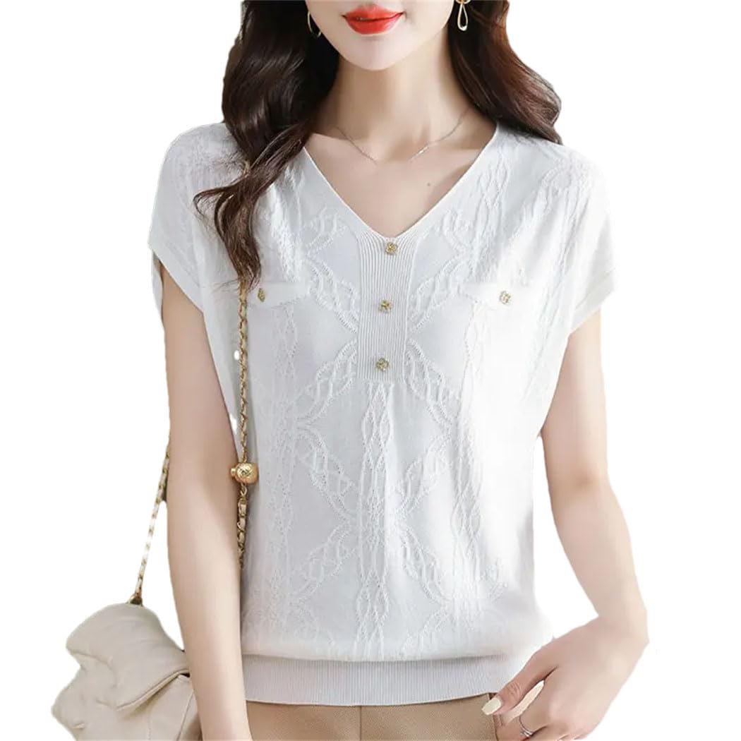 Maglietta estiva da donna a maniche corte in seta ghiacciata tinta unita coreana allentata scollo a V pulsante moda sottile top