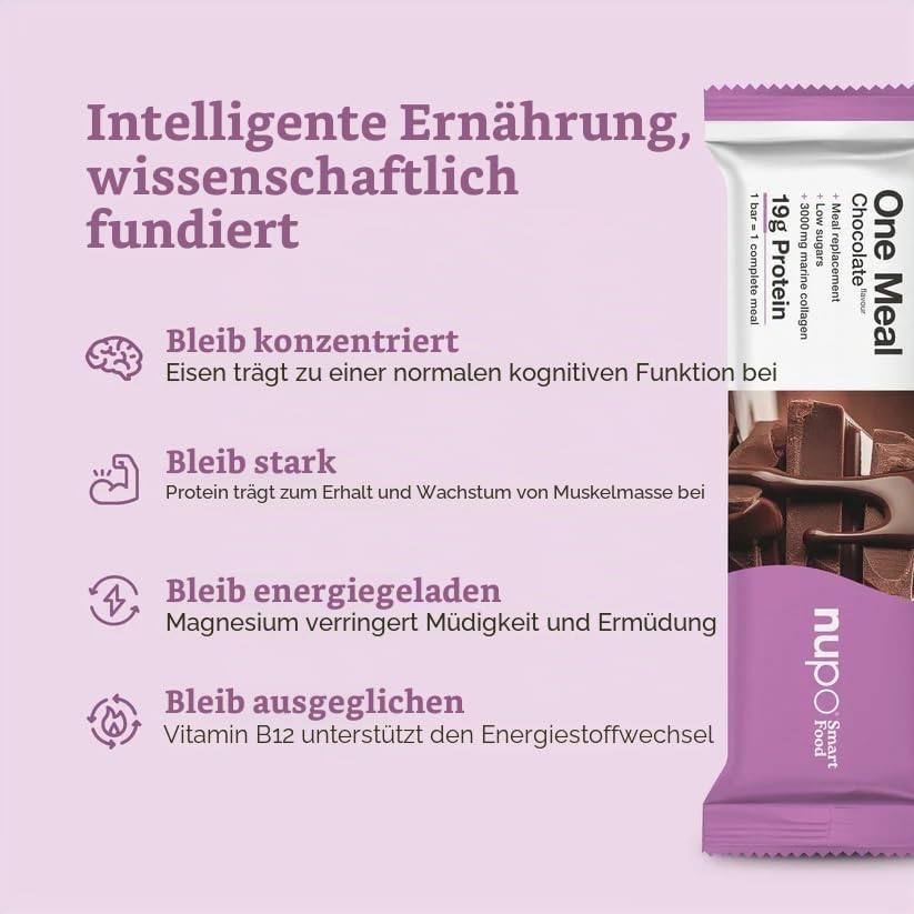 NUPO One Meal Bar – Chocolate (15 x 60g) | Leckerer High Protein Mahlzeitenersatz Riegel zum Abnehmen | Low Sugar | Mit 3000 mg Kollagen | Kalorienarme Snacks mit Vitaminen & Mineralien