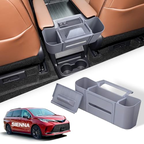 SportySizz 3-in-1 Rear Center Console Hanging Organizer for Toyota Sienna 2021-2025 2026 Backseat Organizer with Cup Holder Tissue Holder & Phone Stand Waterproof Easy Clean Sienna Accessories