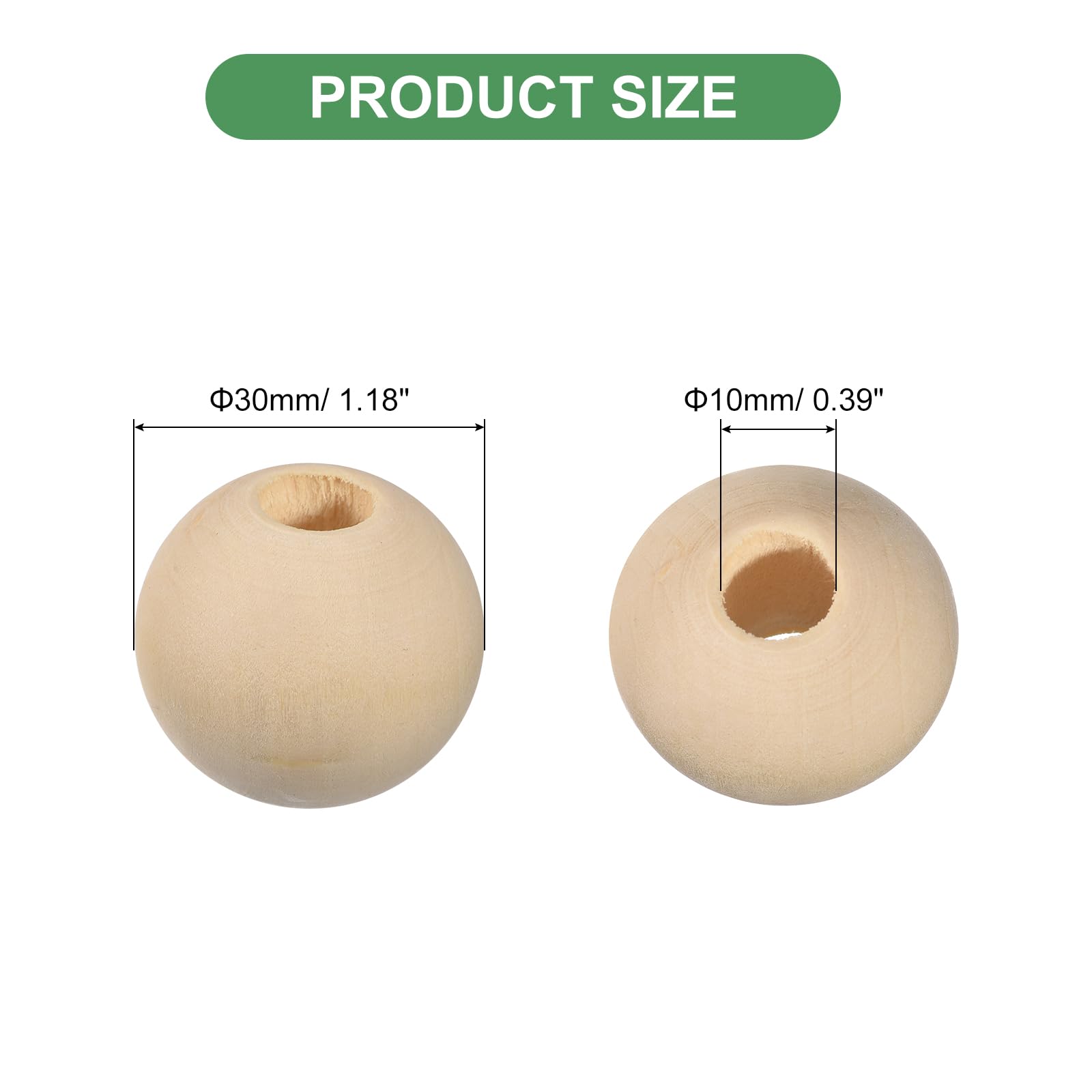 uxcell 100 cuentas espaciadoras de madera natural de 30 mm, cuentas redondas de madera sin terminar con agujero grande de 10 mm para manualidades, joyería y pulseras