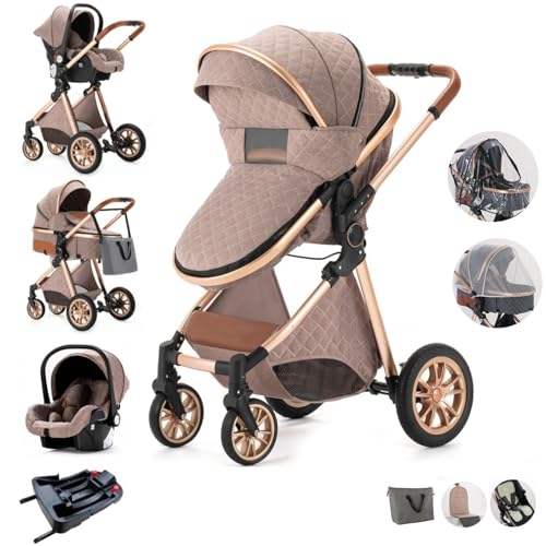 Image of Kakbgee 5 in 1 Compact Baby Stroller with Removable Bassinet,Reversible Infant Newborn Pram Stroller with Bassinet,Foldable Toddler Stroller with Aluminum Frame,Recline Newborn Pram with Base,Khaki