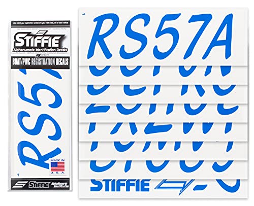 Image of STIFFIE Whipline Solid Blue /White 3 inch Alpha-Numeric Registration Identification Numbers Stickers Decals for Boats & Personal Watercraft